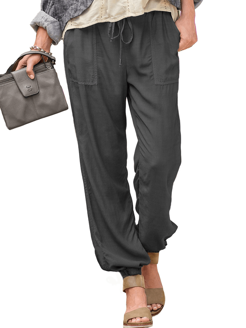 Women Solid Color Pocket Loose Elastic Waist Pants - MRSLM