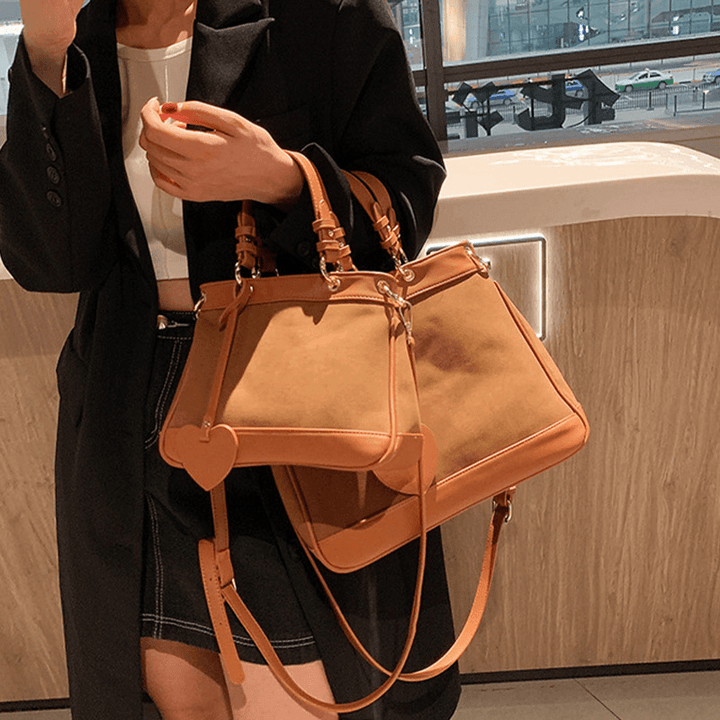 Women Frosted Large Capacity Handbag Tote Vintage PU Leather Suede Patchwork Crossbody Bag Shoulder Bag - MRSLM