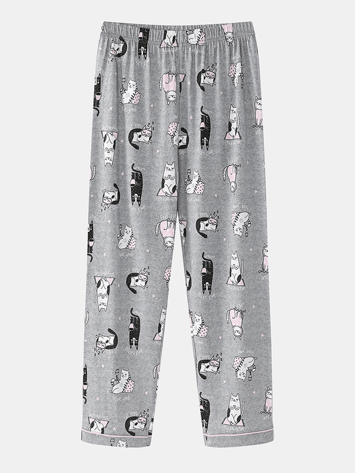 Women Allover Cartoon Cats Print Lapel Long Sleeve Cotton Loungewear Comfy Home Pajamas Sets - MRSLM