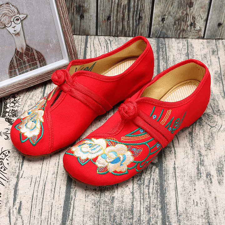 Women Lace up Cloth Chinese Embroidered Flower Flat Loafers - MRSLM