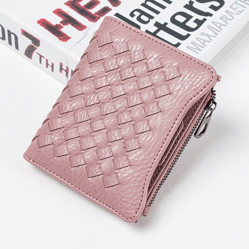 Women PU Leather Woven Pattern Short Wallet Credit Card Holder Coins Bag - MRSLM