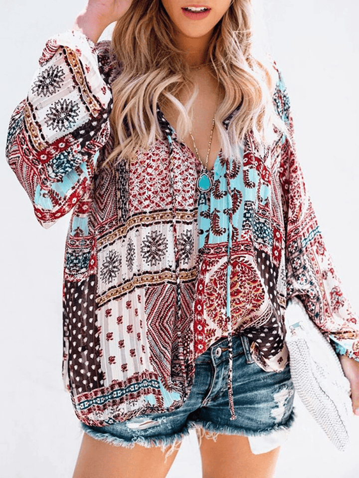 Women V Neck Boho Floral Print Blouse - MRSLM