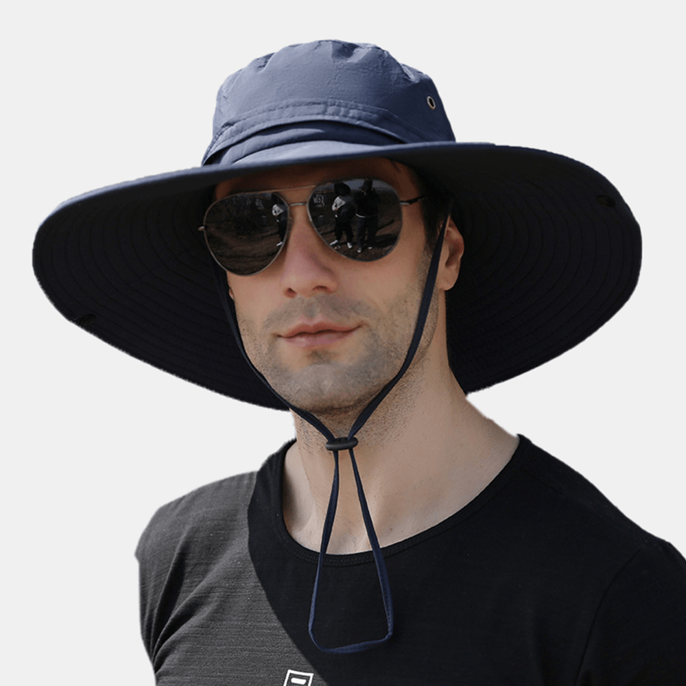 Men Dual-Use Anti-Uv Bucket Hat Big Brim Windproof Rope Adjustable Outdoor Fishing Sunshade Hat - MRSLM