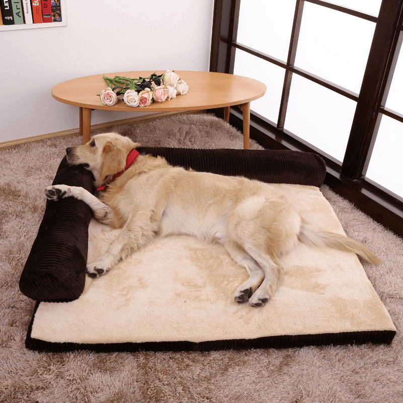 Luxury Corduroy Bolster Pet Dog Sofa Bed Puppy Fleece Bed Mat for Large Dog Pet Bed - MRSLM