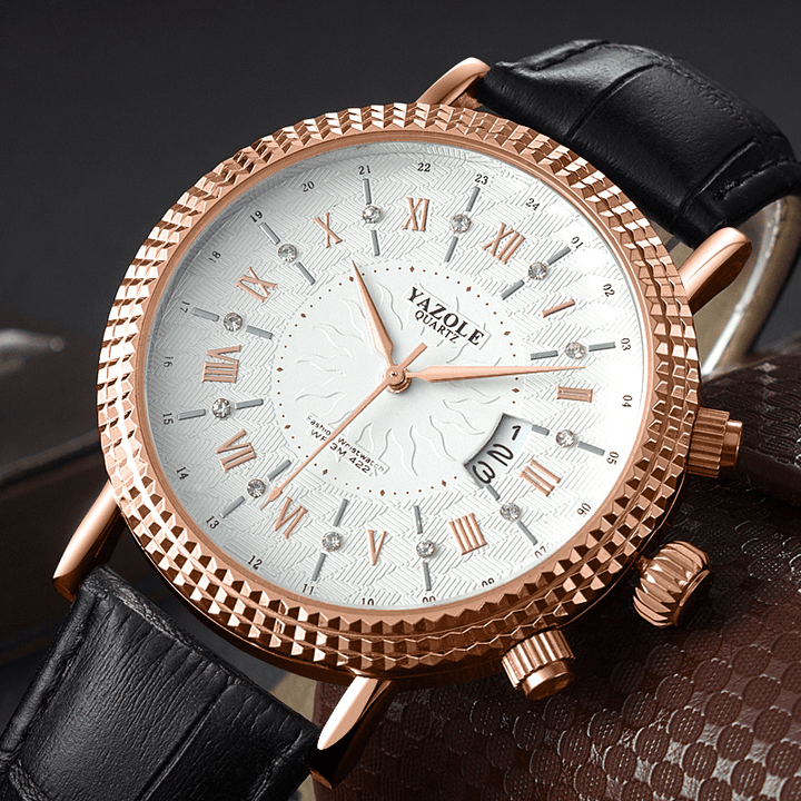 YAZOLE 422 Leather Strap Roman Numerals Crystal Dial Fashion Men Waterproof Quartz Watch - MRSLM