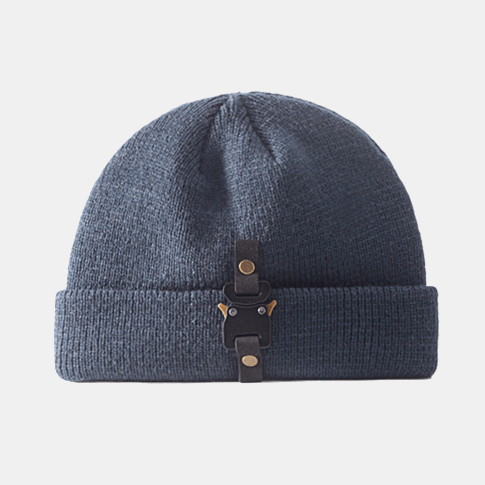 Unisex Solid Knitted Metal Buckle Decoration Fashion Warmth Elastic Brimless Beanie Landlord Cap Skull Cap - MRSLM