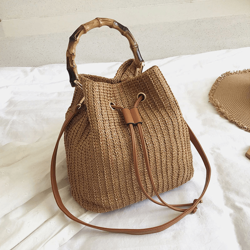 Women Solid Color String Casual Straw Bag Handbag Shoulder Bag Crossbody Bags Bucket Bag - MRSLM