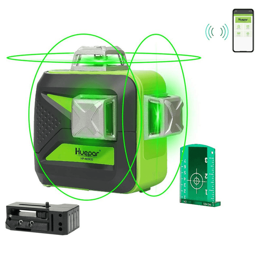 Huepar 603CG BT 3X360° Green Beam 3D Bluetooth Laser Level Self-Leveling Cross Line USB Charge Dry/Li-Ion Battery - MRSLM