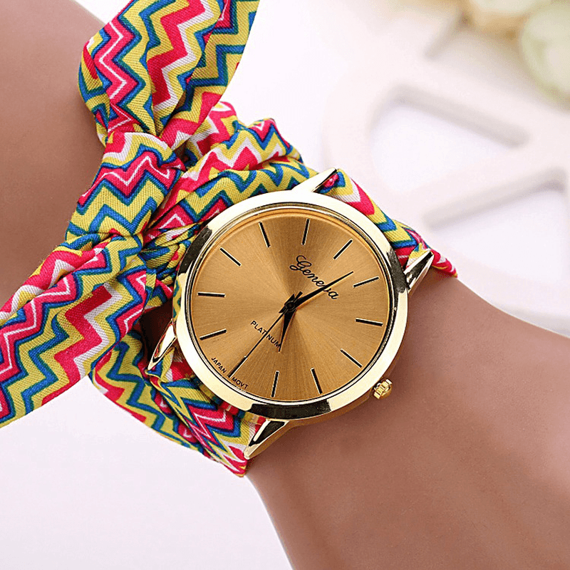 Fashion Chic Big Dial Striped Cloth Strap Women Quartz Watch Wristwatch - MRSLM