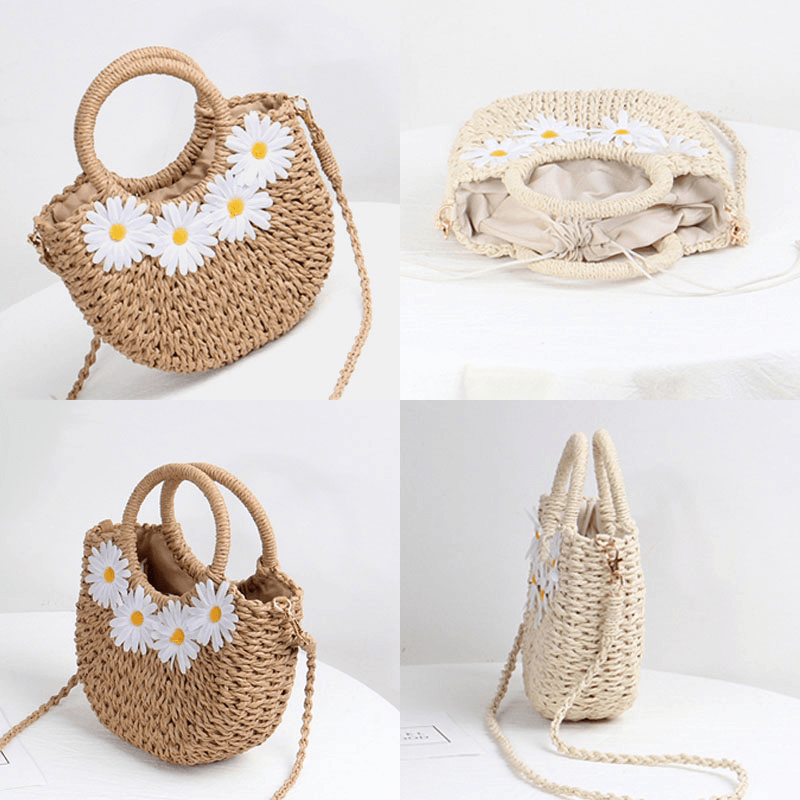 Women Daisy Travel Summer Beach Straw Handbag Crossbody Bag Shoulder Bag - MRSLM