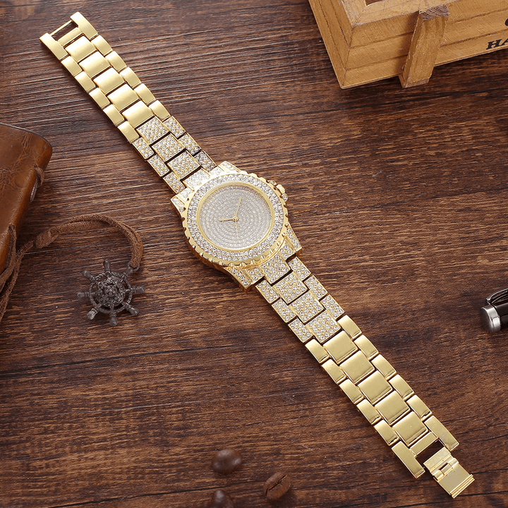 2Pcs Fashion Luxury Full Diamond Steel Band Quartz Watch Punk Rhinestone Bracelet Set - MRSLM