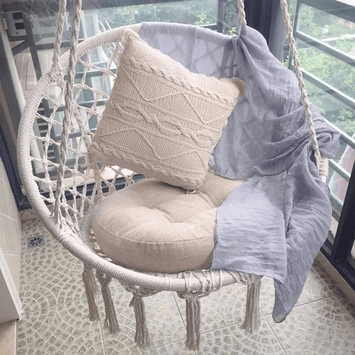 Mesh Hanging Hammock Woven Rope Wooden Bar White Swing Patio Chair Seat Iron Ring+Cotton Rope Mesh Hanging Basket - MRSLM