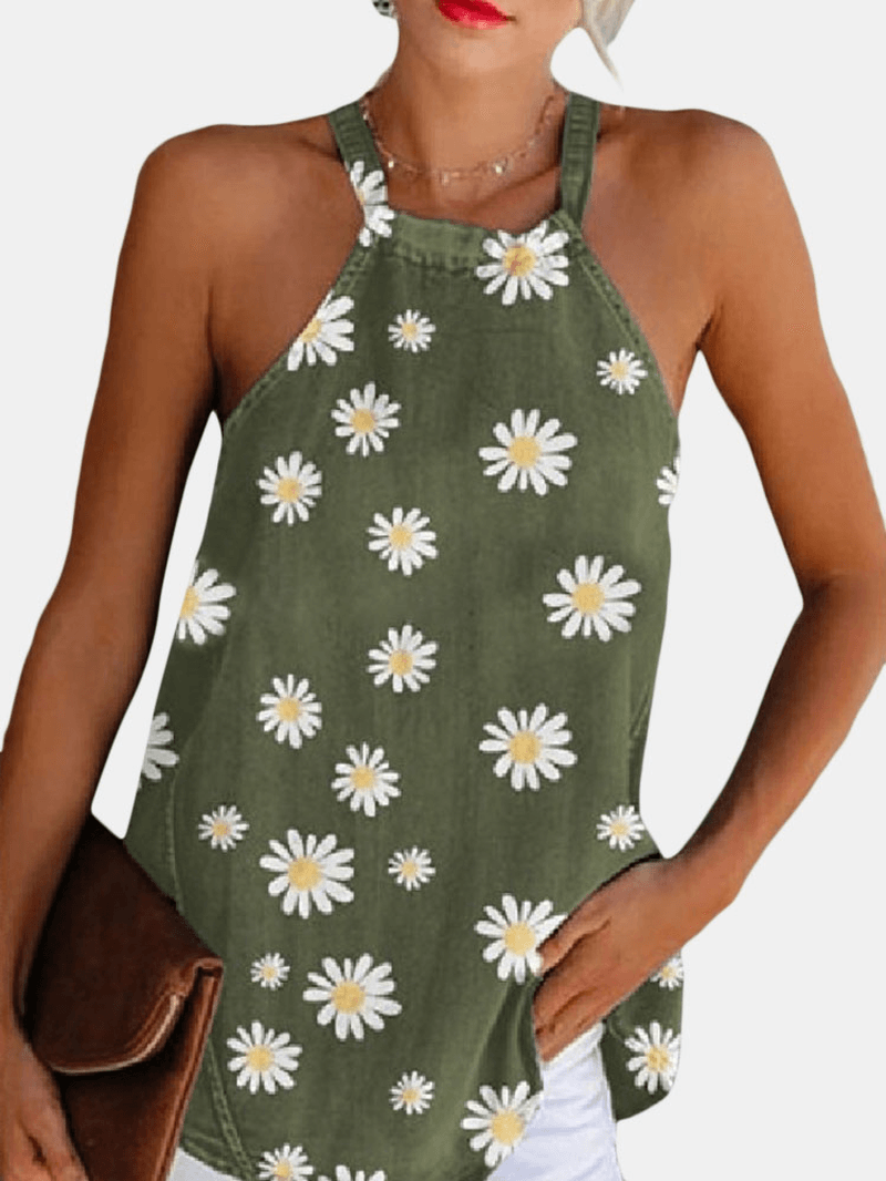 Daisy Print Halter Sleeveless Summer Casual Tank Tops for Women - MRSLM