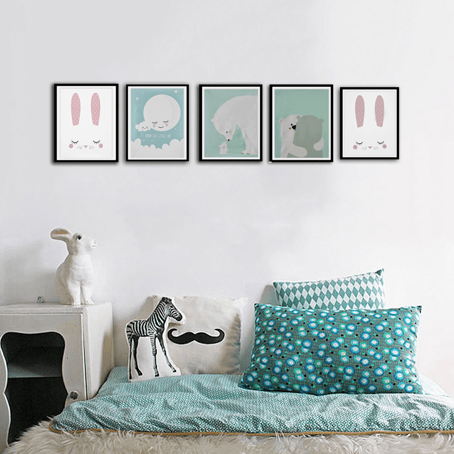 Modern Nordic Rabbit Polar Bear Bear Moon Animal Unframed Wall Art Canvas Painting Prints Poster Cartoon Wall Pictures for Livingroom Baby Kids Room Decor - MRSLM