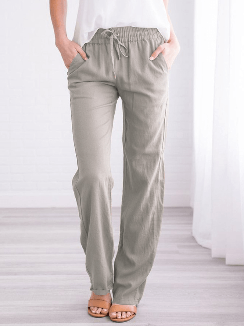 Women Casual Solid Color Elastic Waist Straight Pants - MRSLM