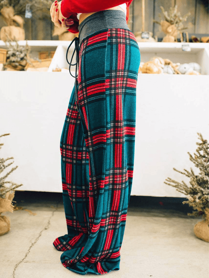 Women Plaid Print Casual Loose High Waist Wide Leg Pants - MRSLM