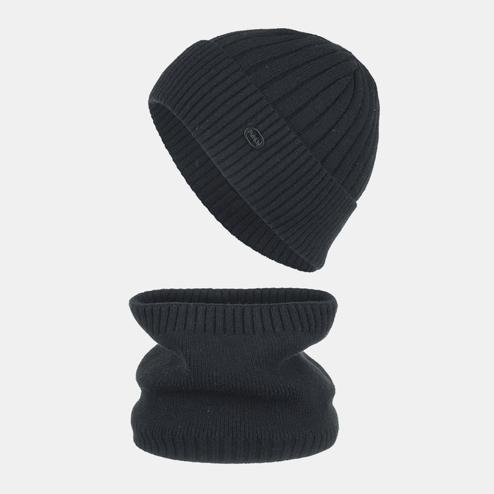 Unisex Thick Striped Iron Label Knitted Hat Scarf Set Autumn Winter plus Velvet Thicken Warm Bib Beanie Hat - MRSLM