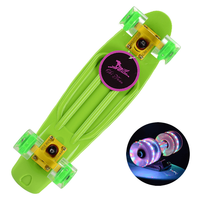 22 Inch Mini Cruiser Skateboard with Flash Wheel Single Banana Longboard Road Skate Board Small Skateboarding for Adult Children - MRSLM