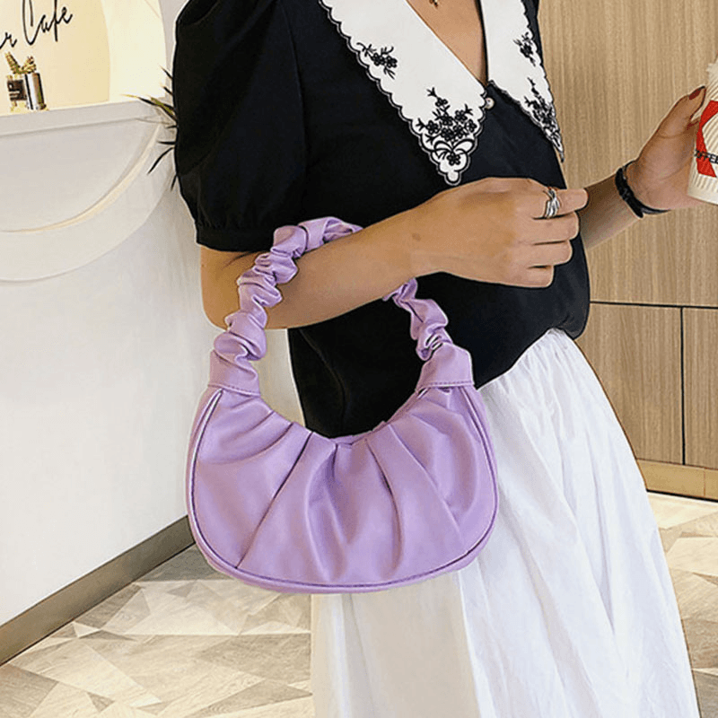 Women PU Leather Solid Color Fold Fashion Underarm Bag Shoulder Bag Handbag - MRSLM