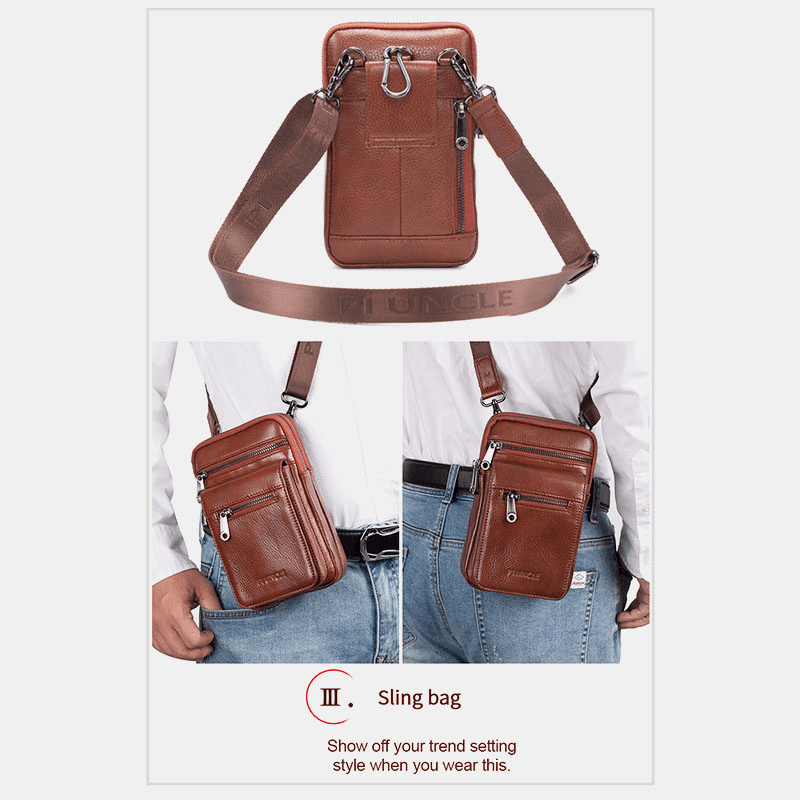 Men Genuine Leather Cowhide Multi-Carry Retro 7.2 Inch Phone Crossbody Bag Hanging Belt Bag Waist Bag - MRSLM