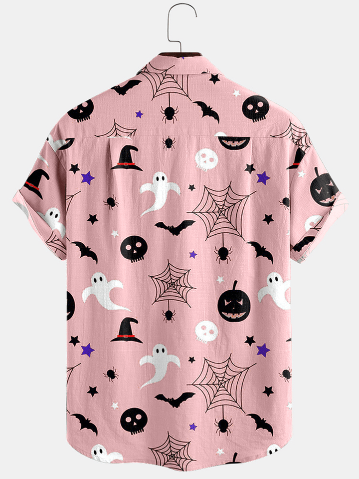 Halloween Cartoon Print Turn down Collar Short Shirts - MRSLM