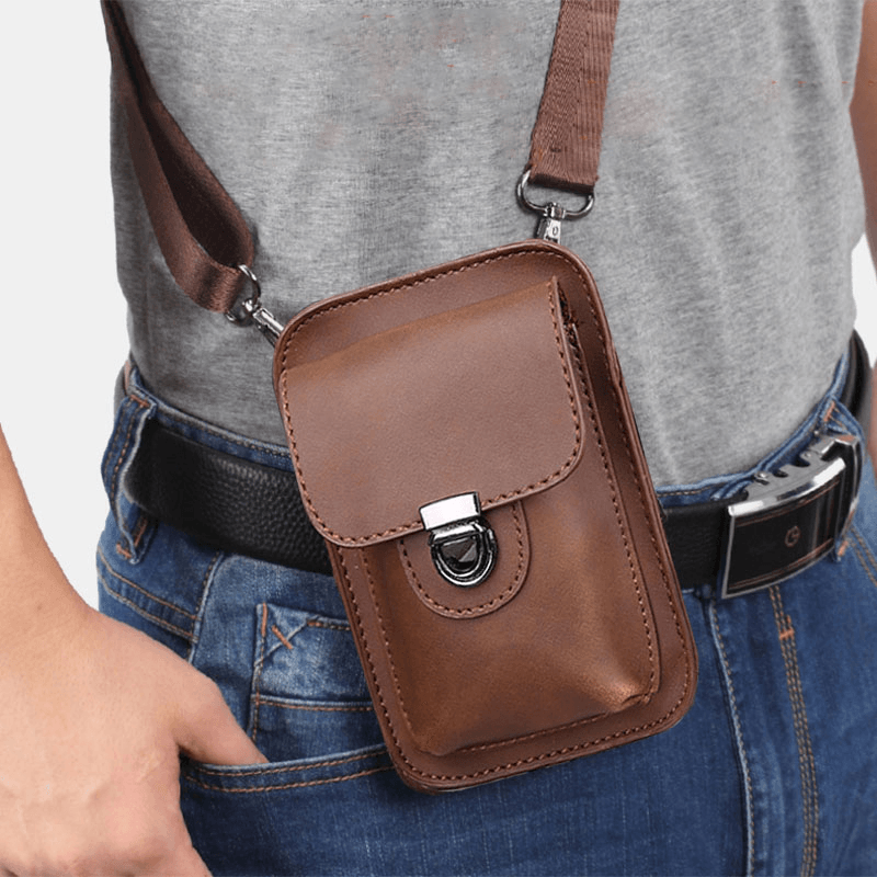 Men Faux Leather Mini Casual Multi-Carry Waist Hanging 6.3 Inch Phone Bag Shoulder Crossbody Bag with Belt Loop - MRSLM