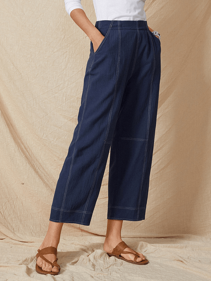 Solid Color Elastic Waist Casual Cotton Straight Leg Loose Women Pants - MRSLM