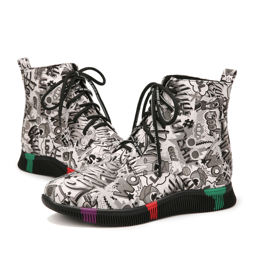 Women Casual Letter Graffiti Printing Multicolor Lace up Short Combat Boots - MRSLM