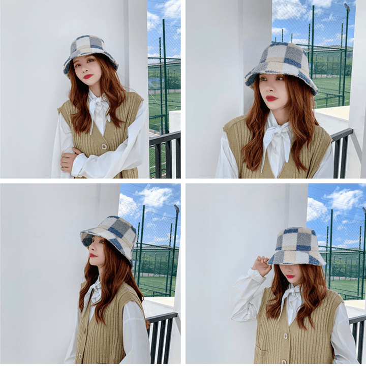 Women Cotton Lamb Hair Warm Casual Fashion All-Match Lattice Pattern Bucket Hat - MRSLM