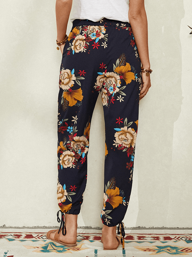 Women Floral Print Bohemian Tie Cuff Pants with Pocket - MRSLM