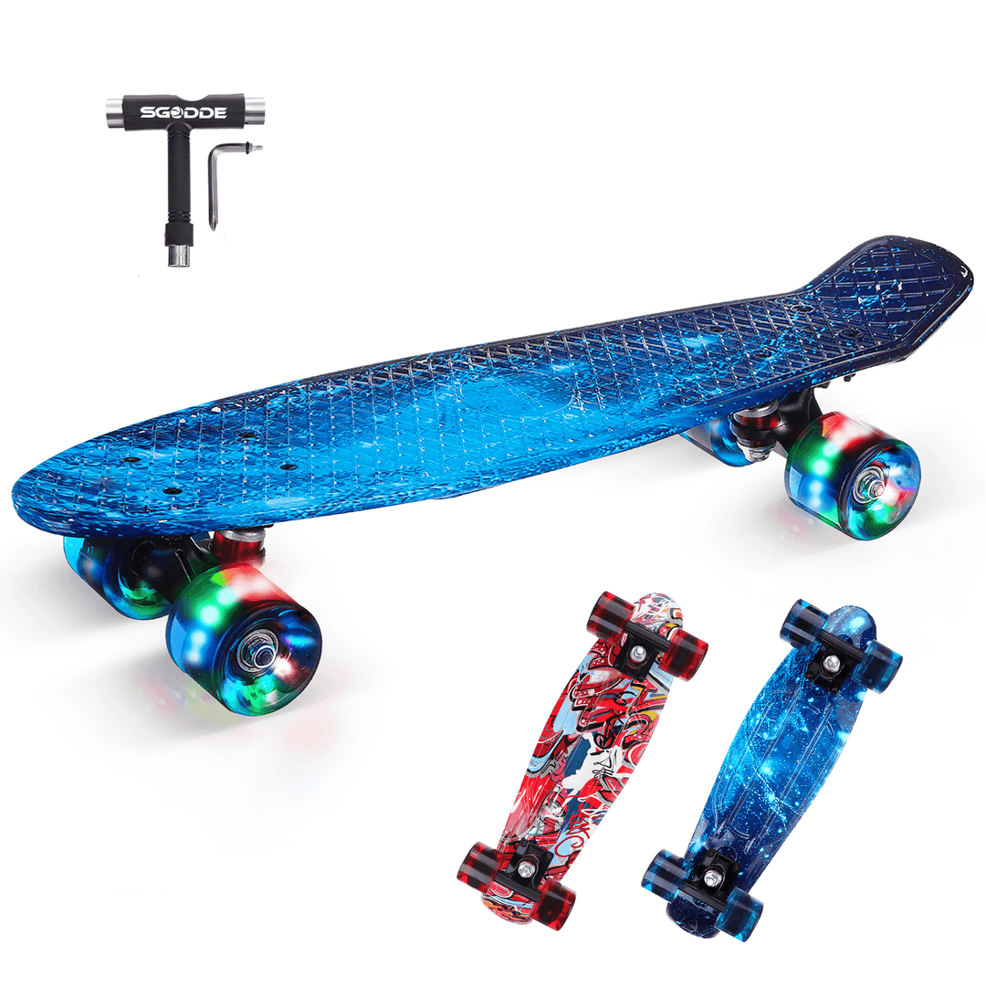 22" Mini Skateboards Kids Sport Long-Board with LED Wheels for Children Beginners Ages 6-12 - MRSLM