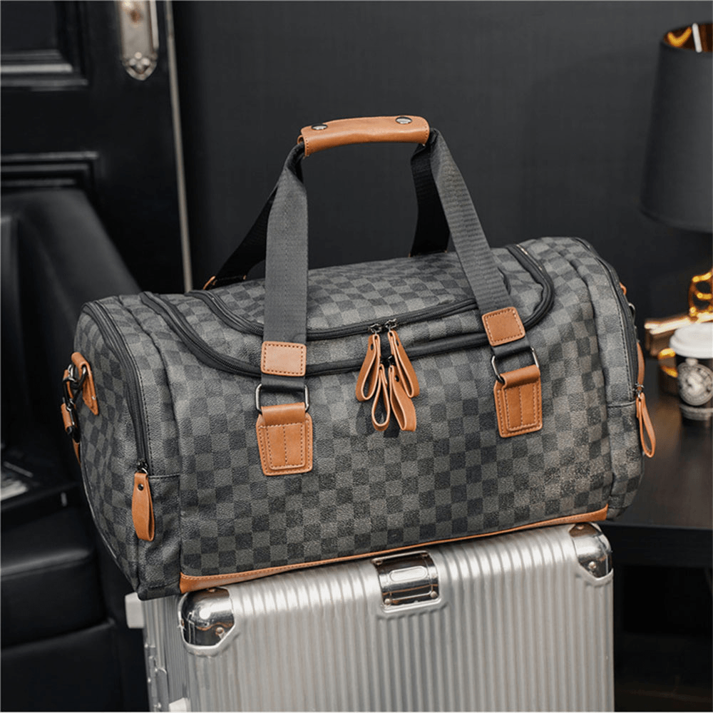 Men PU Leather Plaid Pattern Multifunction Handbag Fashion Multi-Pocket Travel Bag Fitness Bag Crossbody Bag Shoulder Bag - MRSLM