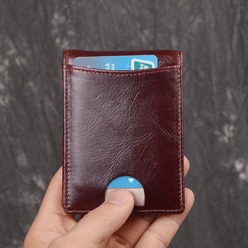 Men Genuine Leather RFID Anti-Theft Antimagnetic Swipe Easy Carry Card Bag Money Clip Wallet - MRSLM