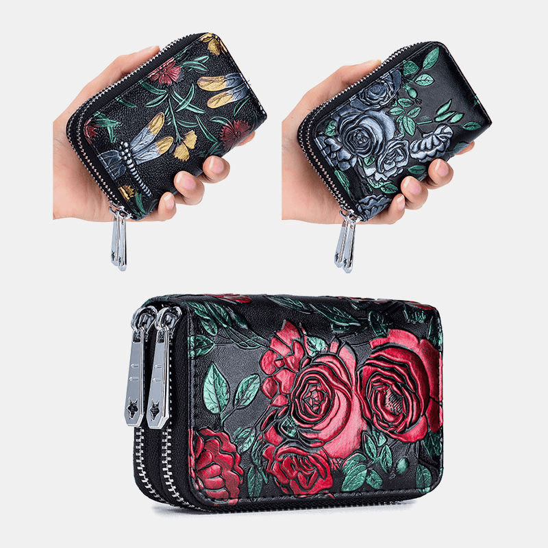 Women 10 Card Slots Rfid Genuine Leather Short Zipper Coin Purse Wallet - MRSLM