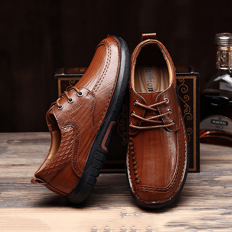 Men Casual Comfy Soft Sole Genuine Leather Lace up Oxfords Shoes - MRSLM