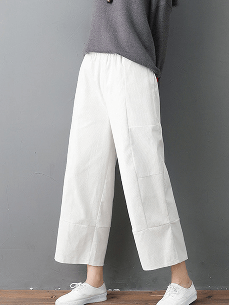 Women Pure Color Elastic Waist Pockets Corduroy Pants - MRSLM