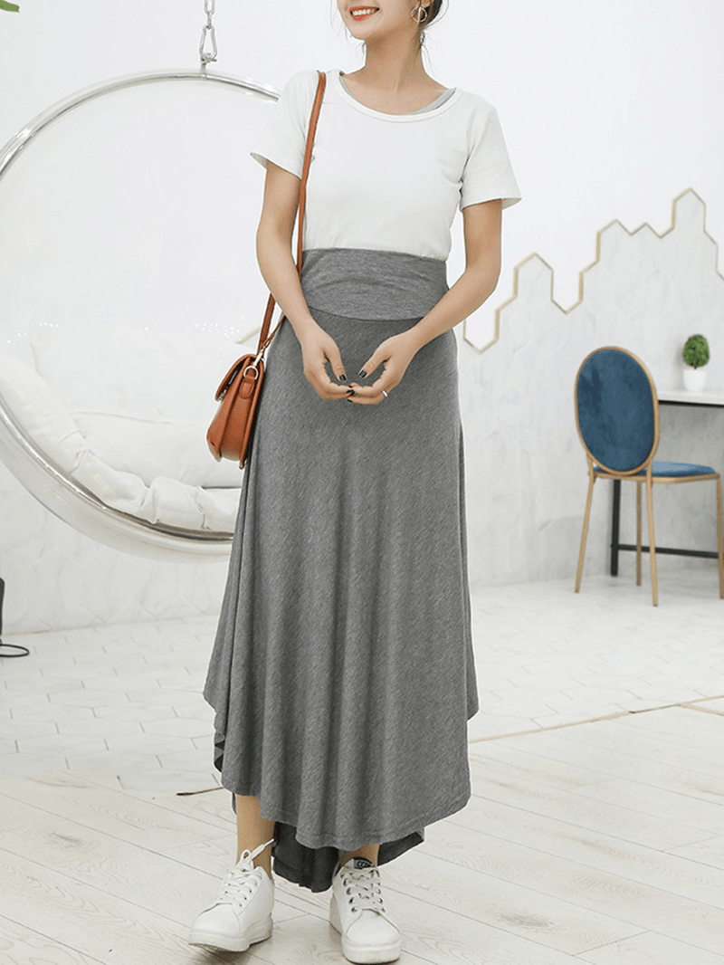 Women Solid Color Irregular Hem Elastic Waist Skirts - MRSLM