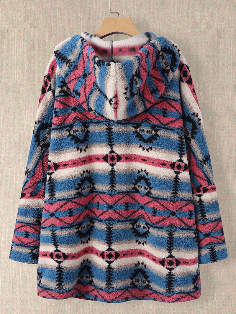 Women Fluffy Ethnic Pattern Pocket Home Wear Hooded Lamb Casual Jackets - MRSLM