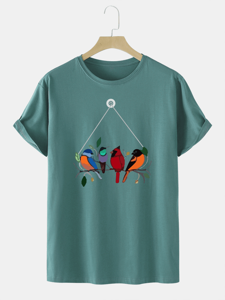 Mens 100% Cotton Colorful Bird Print round Neck T-Shirt - MRSLM