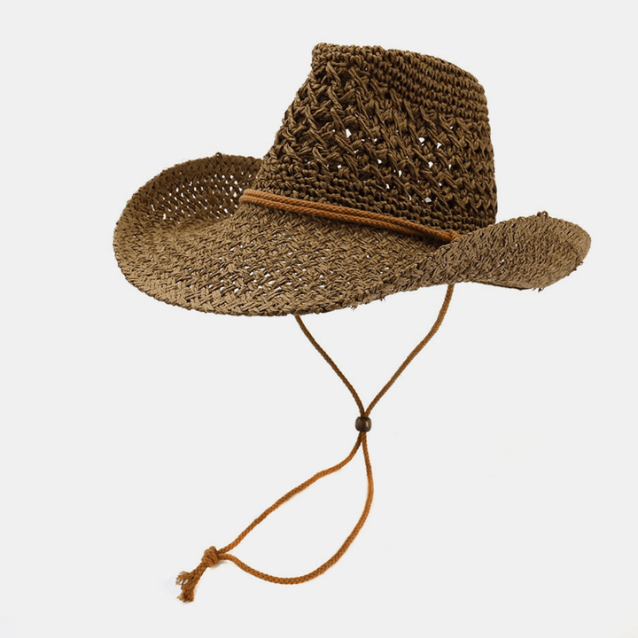 Unisex Handmade Sunscreen Travel Beach Sun Hat Cowboy Style Panama Hat Straw Hat with Adjustable String - MRSLM