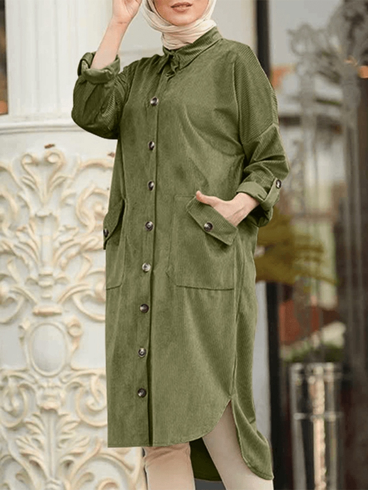 Women Corduroy Solid Moslem Style Collared Raglan Button Front High Low Dress - MRSLM