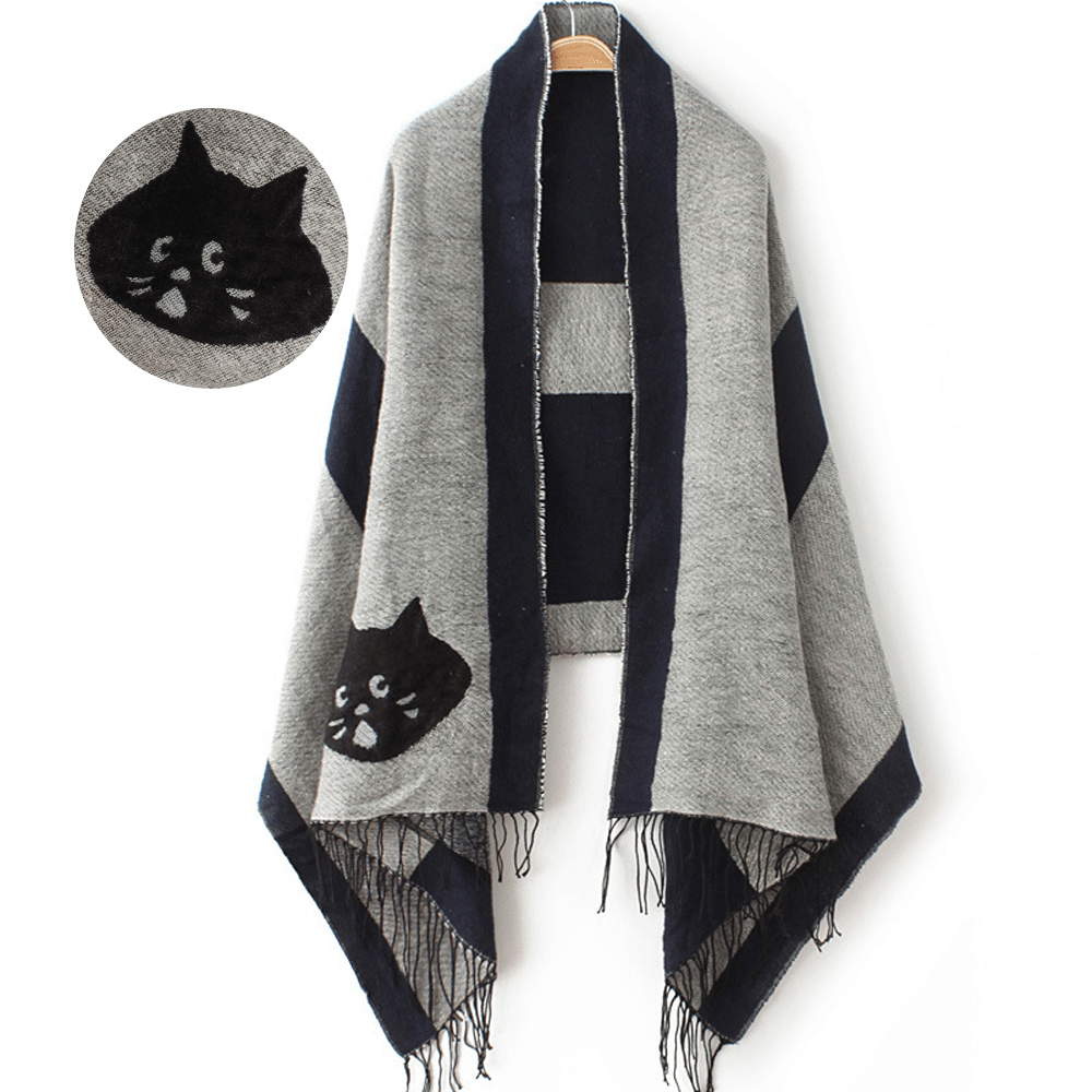 Thick Velvet Fringed Cat Pattern Scarf - MRSLM