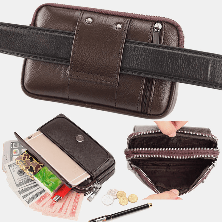 Men Genuine Leather Retro Multi-Carry Mini Phone Bag Card Holder Bag Waist Bag Crossbody Bag - MRSLM