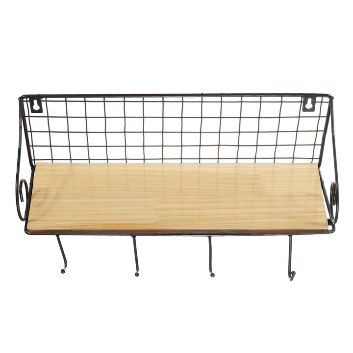 Hanging Wall Mounted Rack Storage Organizer Wood Home Display Storage Baskets W/ Iron Hook - MRSLM