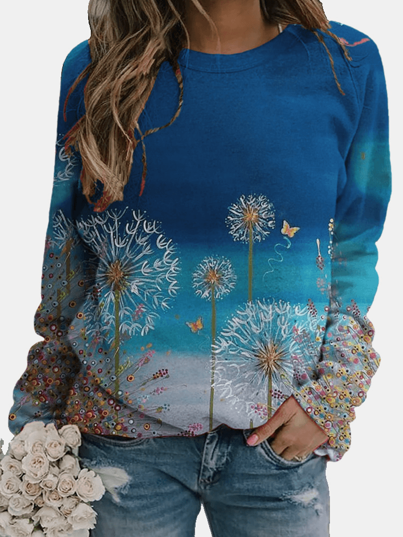 Women Flower Printed Ombre Long Sleeve O-Neck Daily T-Shirt - MRSLM