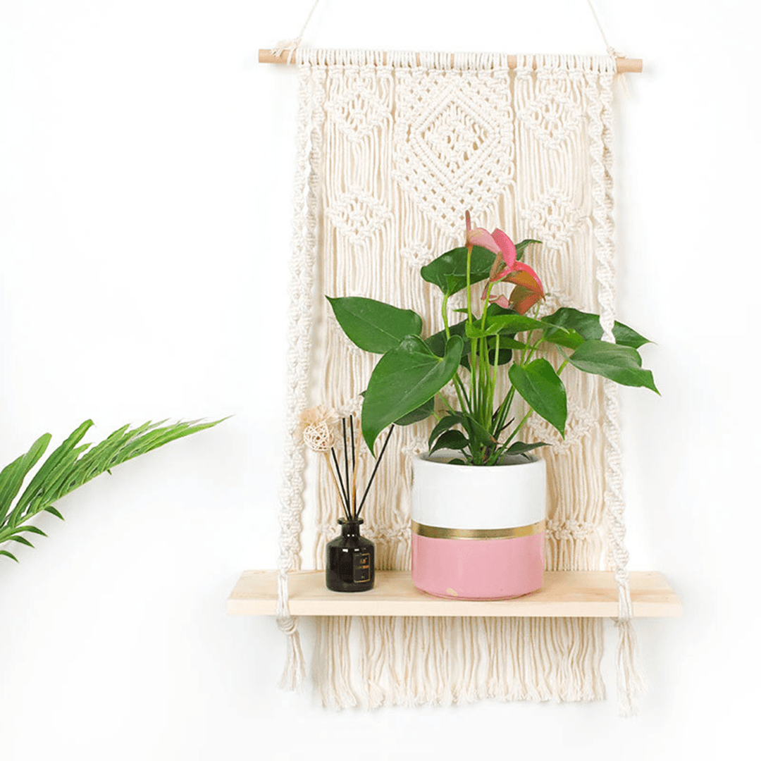 Macrame Plant Hanger Basket Hand Woven Tapestry Wood Pot Shelf Room Decoration - MRSLM