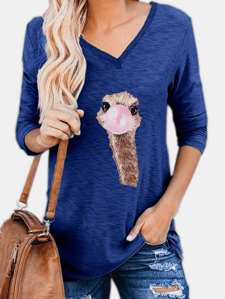 Women Cute Ostrich Animal Print V-Neck Long Sleeve Casual Blouses - MRSLM