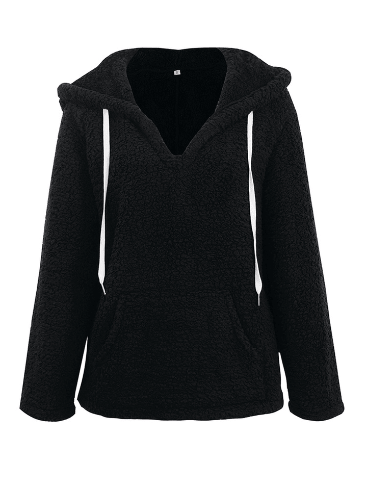 Women V-Neck Hooded Solid Color Fleece Coats - MRSLM