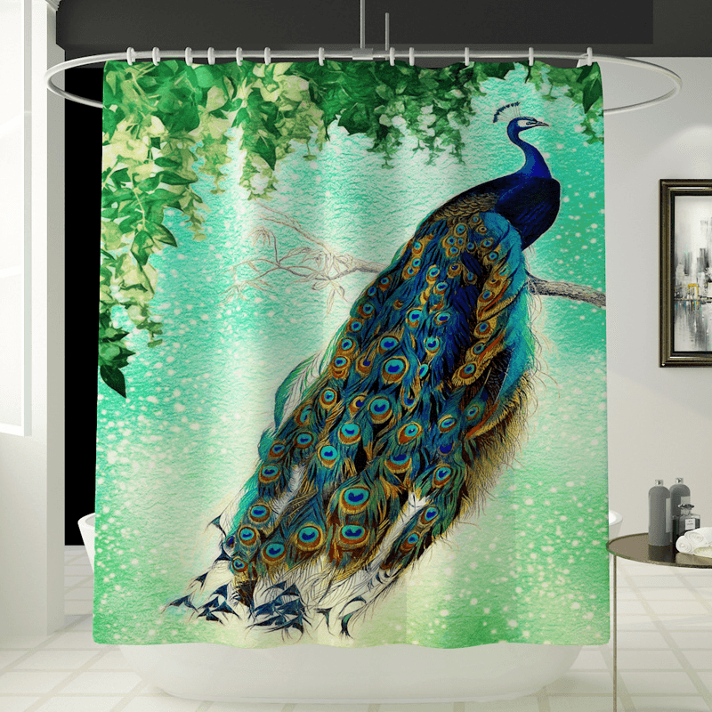 4Pcs Peacock Print Shower Curtain Floor Mat Bathroom Mat Bath Creat Decor - MRSLM