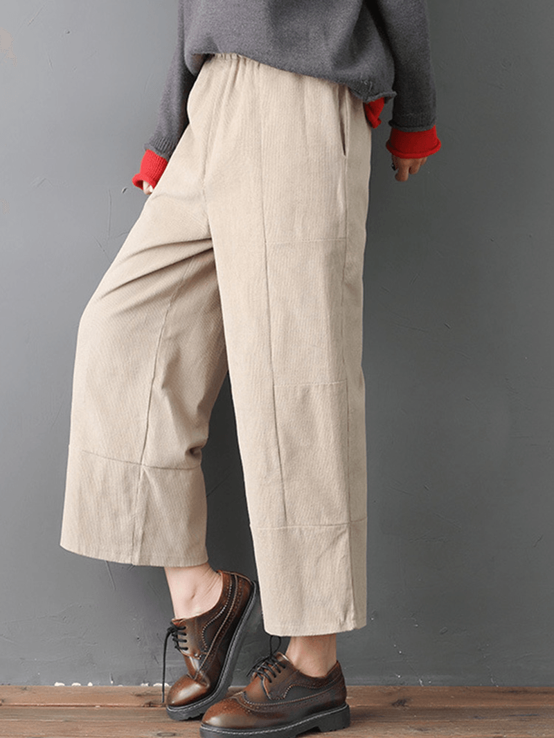 Women Pure Color Elastic Waist Pockets Corduroy Pants - MRSLM